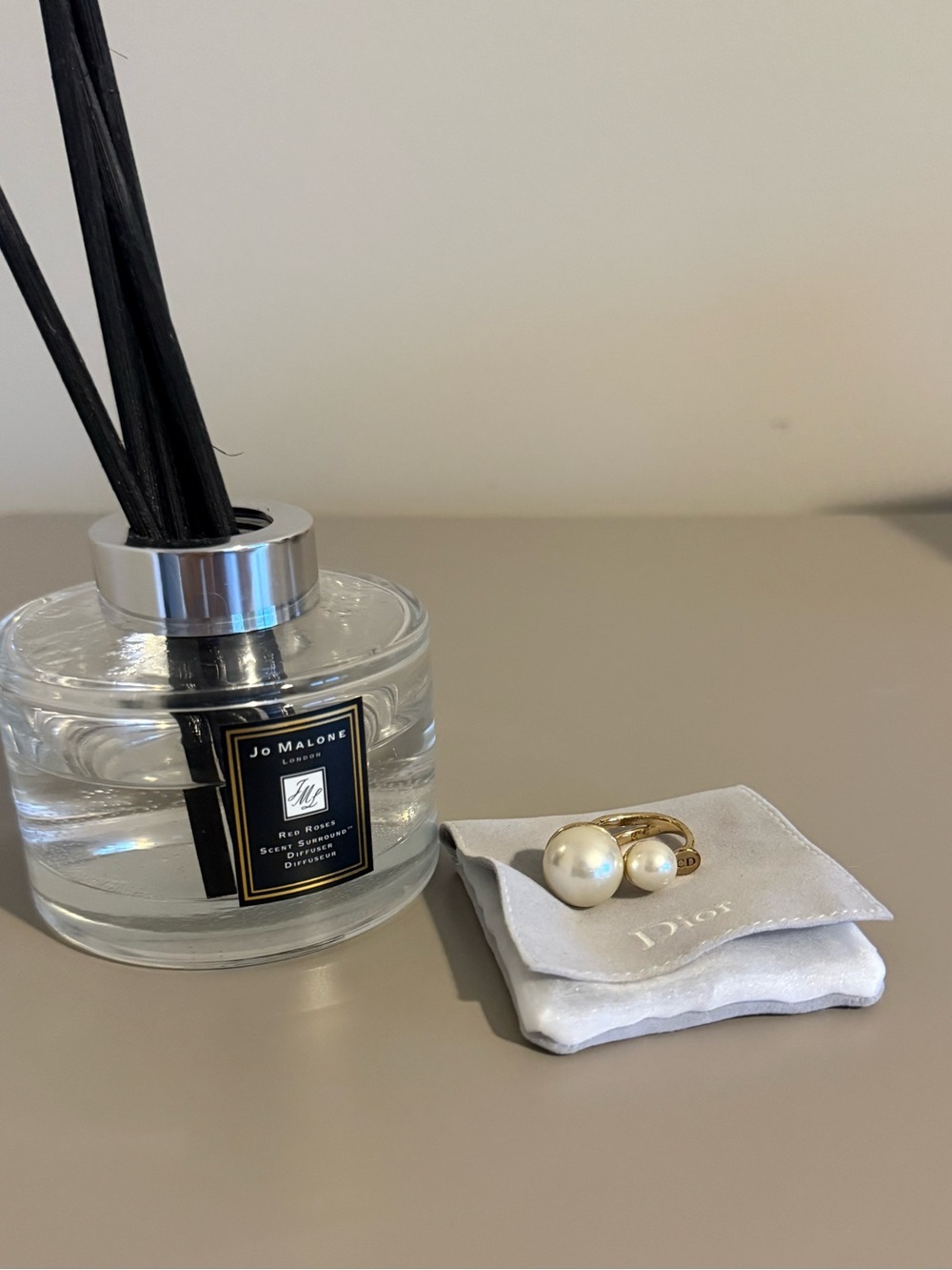 Authentic Dior Gold Ring with Dual White Pearls